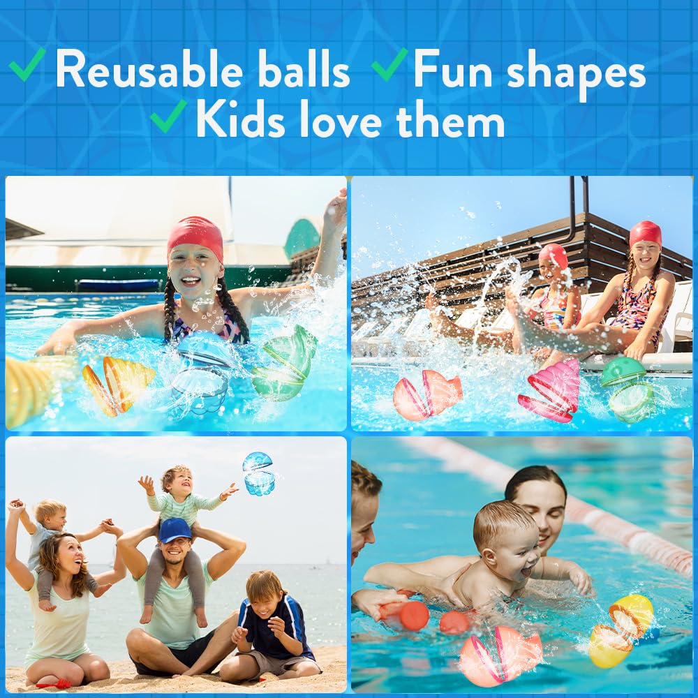 Reusable Water Balloons Water Bombs Fun Shapes Self Sealing Magnetic Refill in 1 Second - 6 pcs/pack