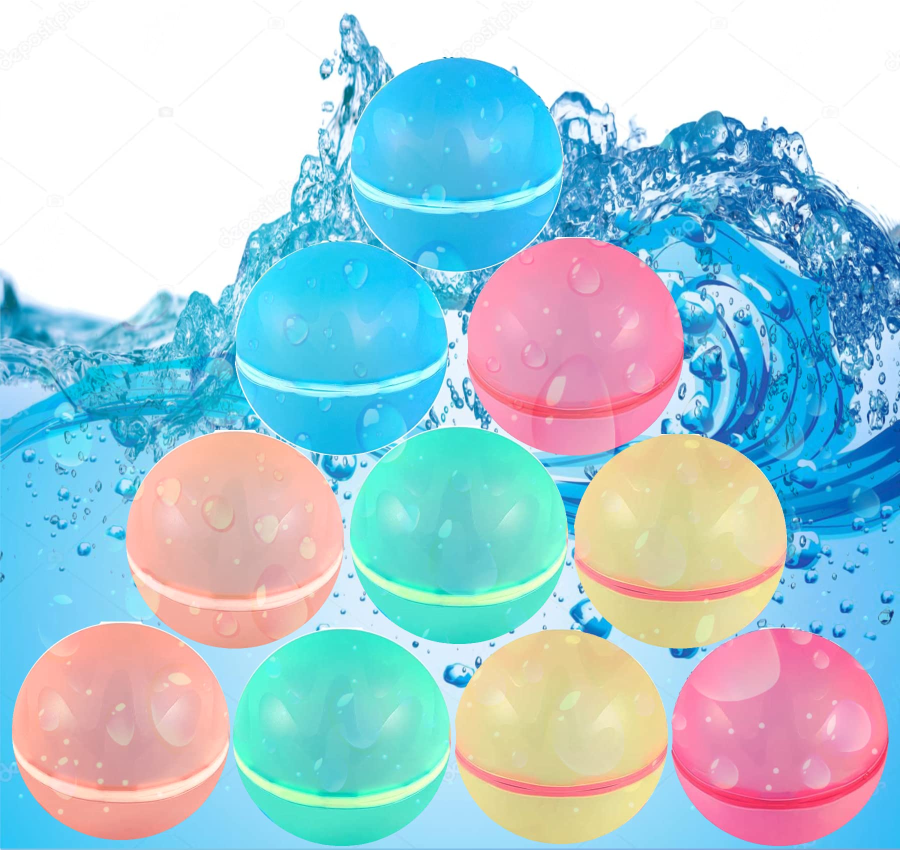 [10 in 1] Magnetic Reusable Water Balloons, Quick Fill Self Sealing Waterfall Water Balls for Kids, Water Bomb Splash Balls for Swimming, 2 Pink 2 Blue 2 Green 2 Yallow 2 Orange