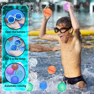 4 Pack Reusable Water Balloons for Kids, Adults with Goggles, Mesh Bag | Magnetic Refillable Water Balloons | Self-Sealing Water Bombs Summer Fun Toys, Silicone Water Balloon Quick Fill Summer Games