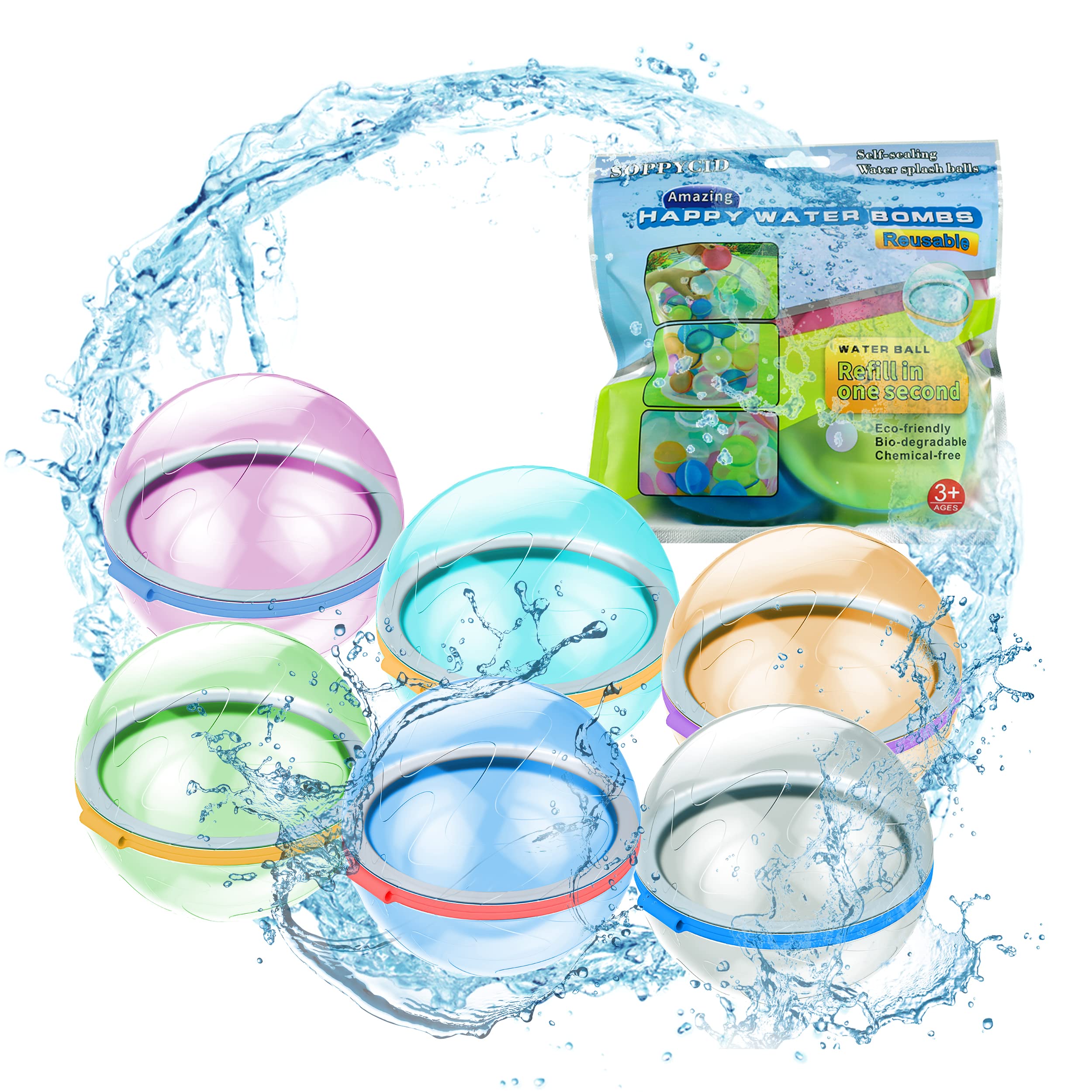 Reusable Water Balloons Quick Fill Self Sealing, Refillable Water Balls for Kids Aldult, Water Bomb Splash Balls for Pool, Outdoor Water Toys Balloons for Water Fight Game, Summer Fun Party, 6 Pack