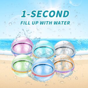 Reusable Water Balloons Quick Fill Self Sealing, Refillable Water Balls for Kids Aldult, Water Bomb Splash Balls for Pool, Outdoor Water Toys Balloons for Water Fight Game, Summer Fun Party, 6 Pack