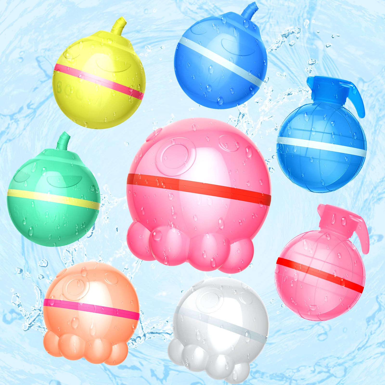 Reusable Water Ballons for Kids Magnetic, 8 Pcs Refillable Water Balloons Silicone Cute Water Bomb Balls for Kids Adults Outdoor Activities Swimming Pool Party Supplies