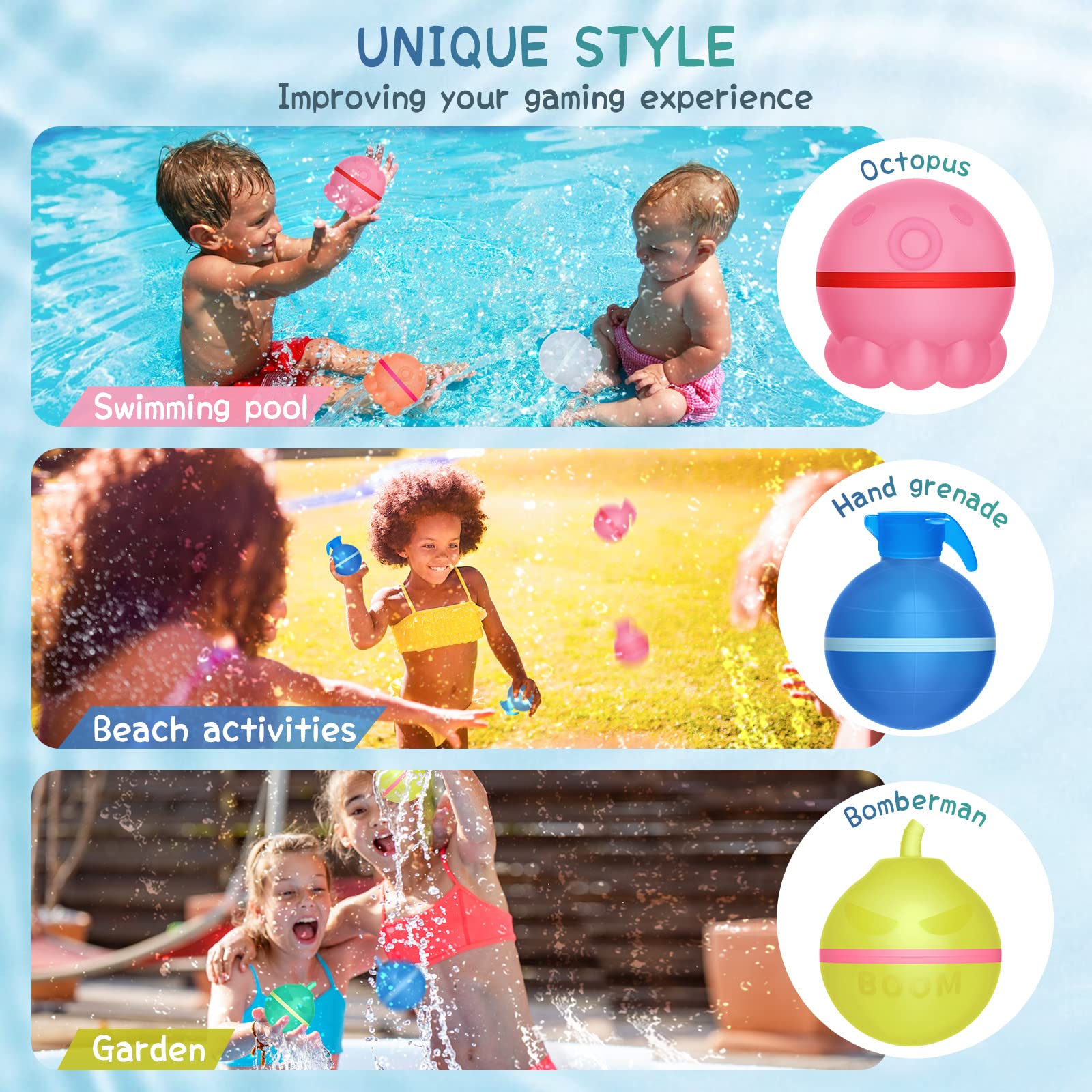 Reusable Water Ballons for Kids Magnetic, 8 Pcs Refillable Water Balloons Silicone Cute Water Bomb Balls for Kids Adults Outdoor Activities Swimming Pool Party Supplies