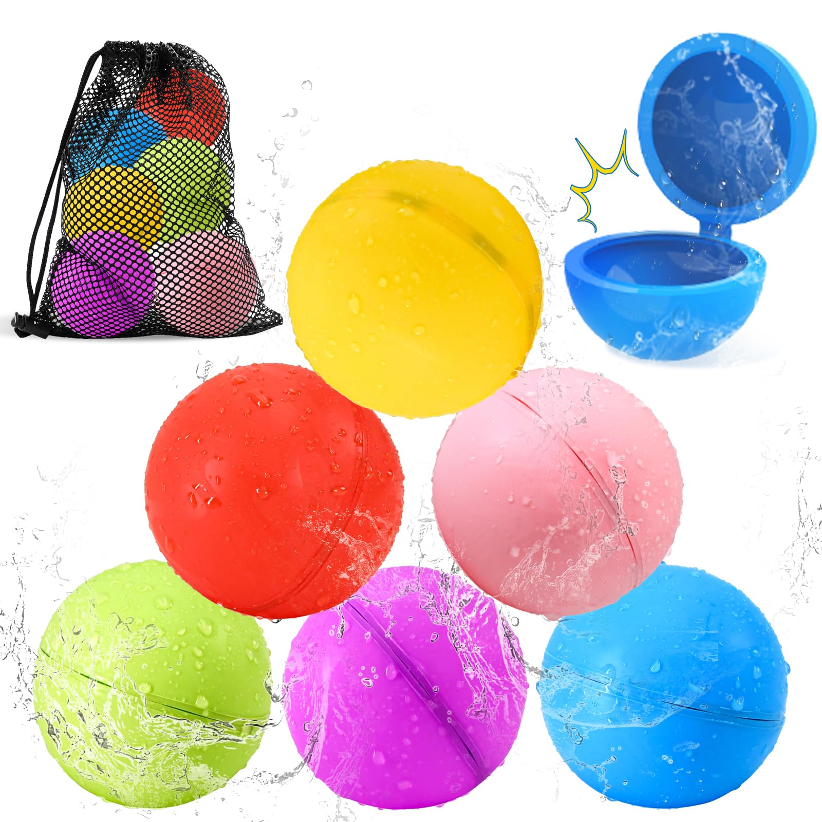 SOPPYCID Reusable Water Bomb Balloons, 6Pack Magnetic Water Balloons Quick Fill, Self Sealing Water Balloons, Latex-Free Splash Balls with Mesh Bag, Outdoor Games Pool Toys for Kids Adults