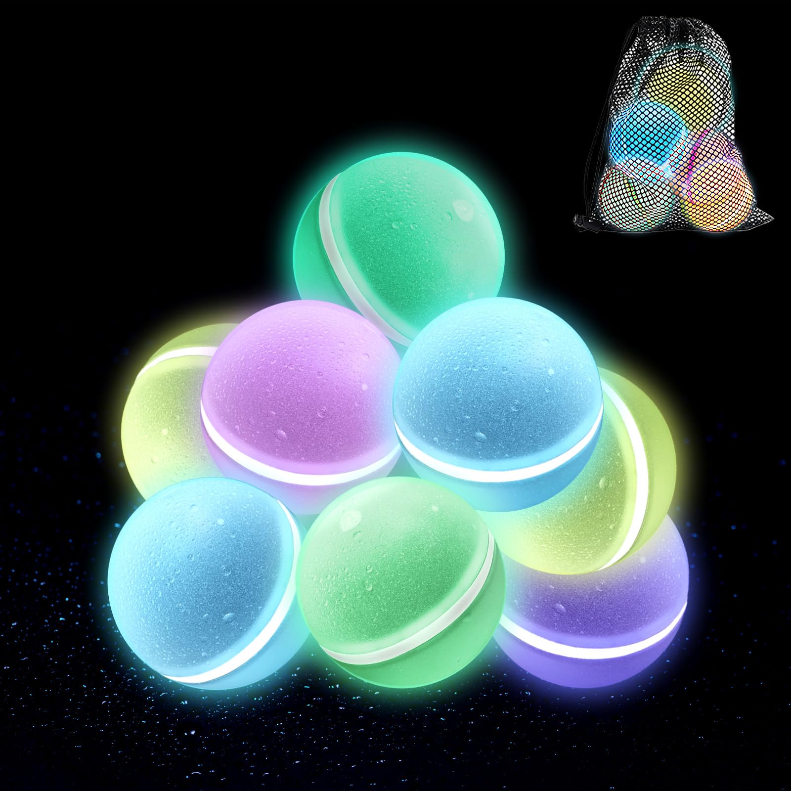 【8 Pack】Glow in The Dark Reusable Water Balloons for Kids Adults Outdoor Activities, Kids Pool Beach Bath Toys, Magnetic Self-Sealing Water Bomb