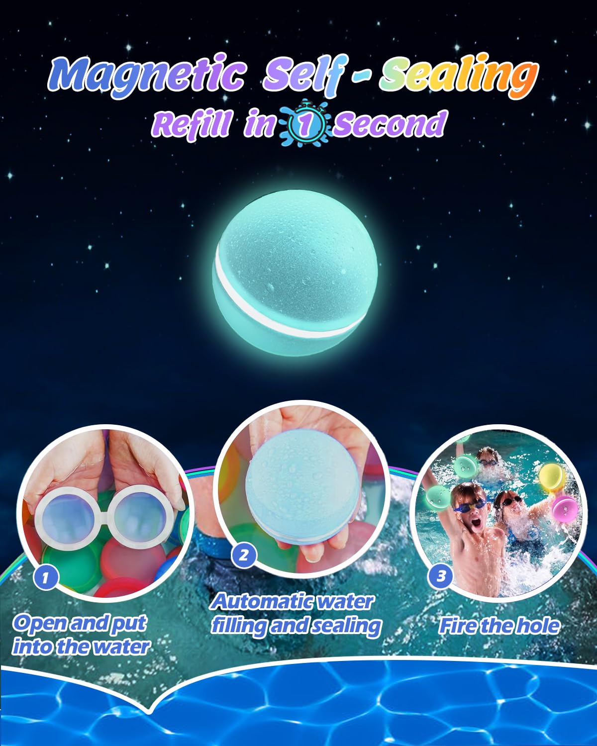 【8 Pack】Glow in The Dark Reusable Water Balloons for Kids Adults Outdoor Activities, Kids Pool Beach Bath Toys, Magnetic Self-Sealing Water Bomb