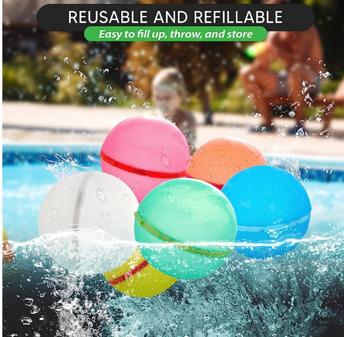 Reusable Water Balloons Magnetic- 6 Pack Silicone Water Balloons for Kids and Adults- Refillable Self Sealing Water Bomb Balloons- Vibrant Colors Perfect for Summer Parties- Water Bombs Splash Balls