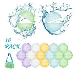 16pcs reusable water balloons, water balloons quick fill, silicone water toys for water games outside summer fun party, self sealing magnetic water balloons, silicone water bombs with mesh bag.