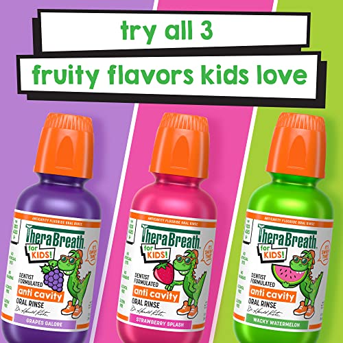 TheraBreath Kids Organic Wacky Watermelon Mouthwash with Fluoride, Anticavity, Dentist Formulated, 16 Fl Oz