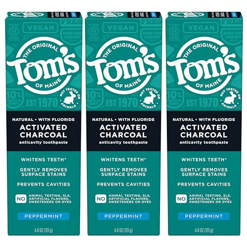 Tom's of Maine Activated Charcoal Whitening Toothpaste with Fluoride, Peppermint, 4.7 oz. 3-Pack (Packaging May Vary)