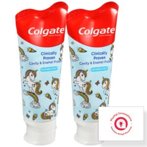 Colgate Kids Fluoride Anticavity Toothpaste for Ages 2+, ADA-Accepted Clinically Proven, Cavity & Enamel Protection | Mild Bubble Fruit Flavor - 2 Tubes Plus Muchai Card