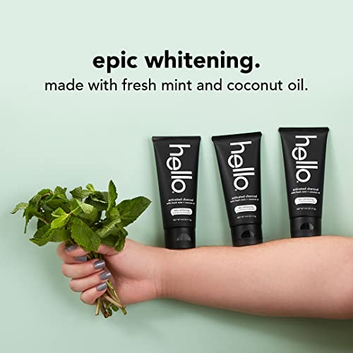 Hello Activated Charcoal Toothpaste, Fluoride Toothpaste with Activated Charcoal, Teeth Whitening Toothpaste with Fresh Mint and Coconut Oil, No SLS, Vegan, Gluten Free, 3 Pack, 4 OZ Tubes