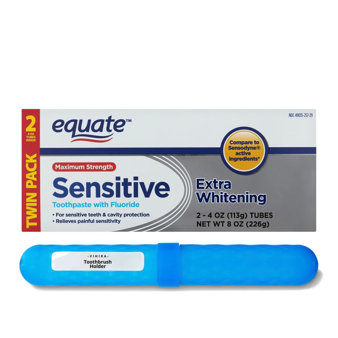 (2 Pack) Equate, Maximum Strength Sensitive Extra Whitening Toothpaste with Fluoride, 4 oz + 1 Toothbrush Holder (Vary by Color) Included by Vihira