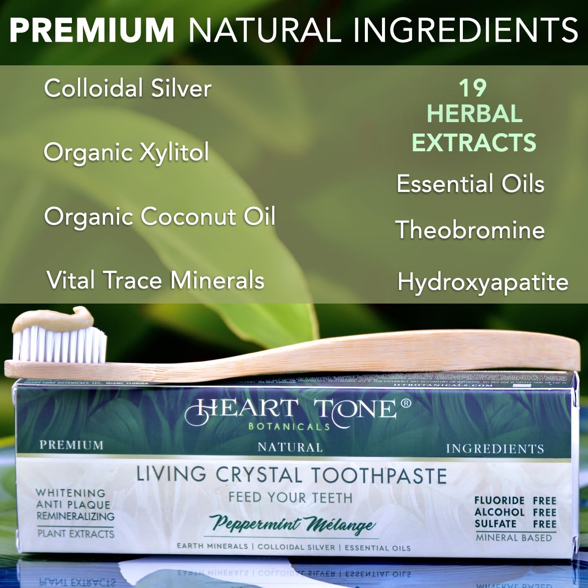 Heart Tone Botanicals Living Crystal Toothpaste | Fluoride Free | Natural & Remineralizing Hydroxyapatite Toothpaste | Sensitive Teeth | Colloidal Silver, Theobromine, Strengthens Enamel | Minty Fresh