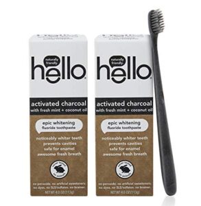 hello activated charcoal epic teeth whitening fluoride toothpaste and toothbrush, fresh mint and coconut oil, vegan, sls free, gluten free and peroxide free, 2 count (pack of 1)