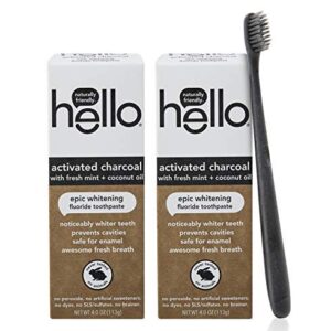 Hello Activated Charcoal Epic Teeth Whitening Fluoride Toothpaste and Toothbrush, Fresh Mint and Coconut Oil, Vegan, SLS Free, Gluten Free and Peroxide Free, 2 Count (Pack of 1)