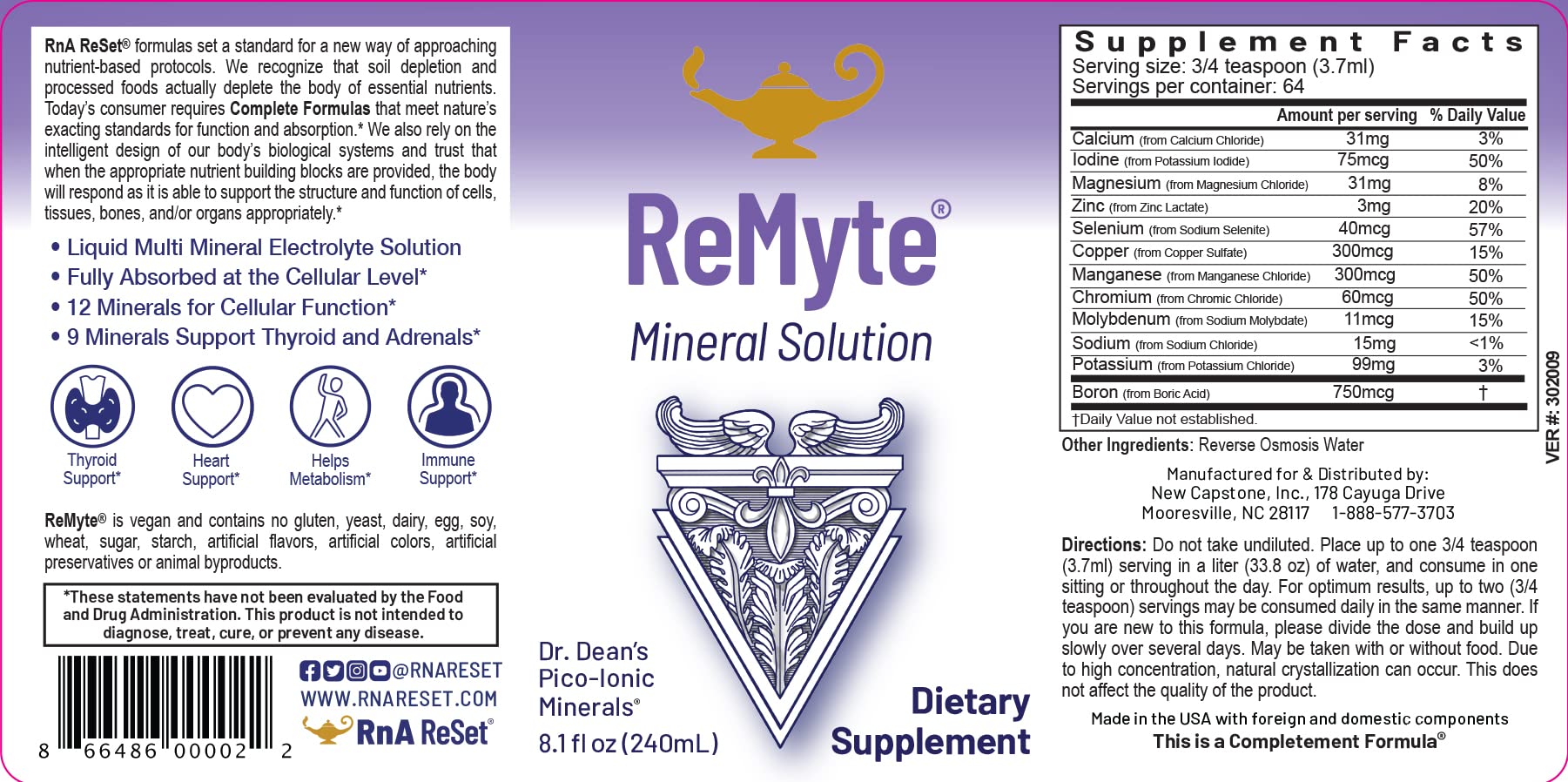 RnA ReSet - ReMyte Mineral Solution, Liquid Multi Mineral, Electrolyte Solution, 12 Minerals Including Iodine, Selenium, Zinc, Magnesium, Boron, 240 ml - by Dr. Carolyn Dean (2-Pack)