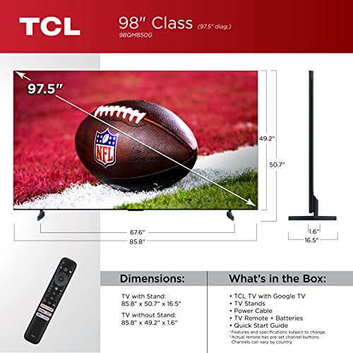 TCL 98-Inch QM8 QLED 4K Smart Mini LED TV with Google (98QM850G, 2023 Model) Dolby Vision, Atmos, HDR Ultra, Game Accelerator up to 240Hz, Voice Remote, Works Alexa, Streaming Television