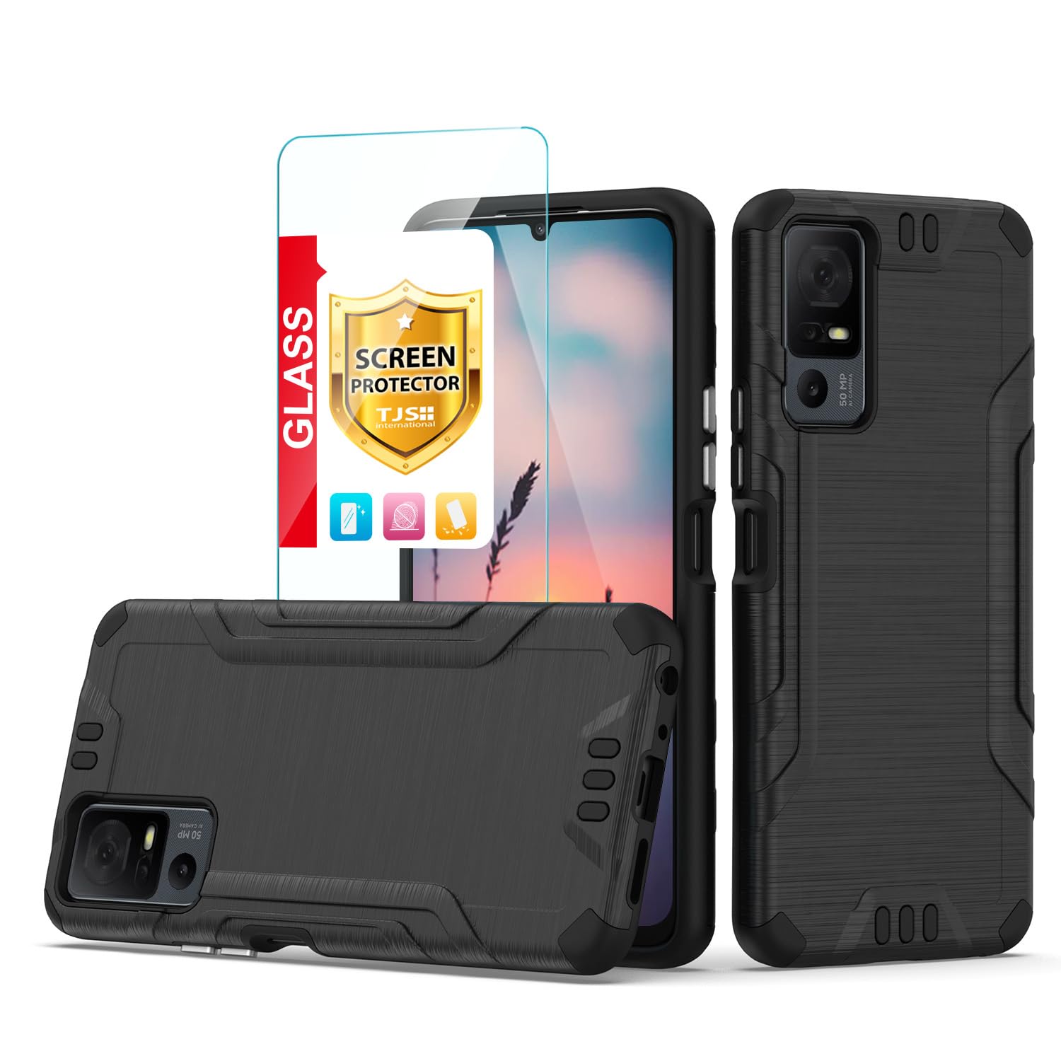 TJS Compatible for TCL 40 XL Case, TCL 40 T T608DL Case, Lively Jitterbug Smart4 Case, with Tempered Glass Screen Protector, Magnetic Support Hybrid Shockproof Metallic Brush Finish Phone Case (Black)