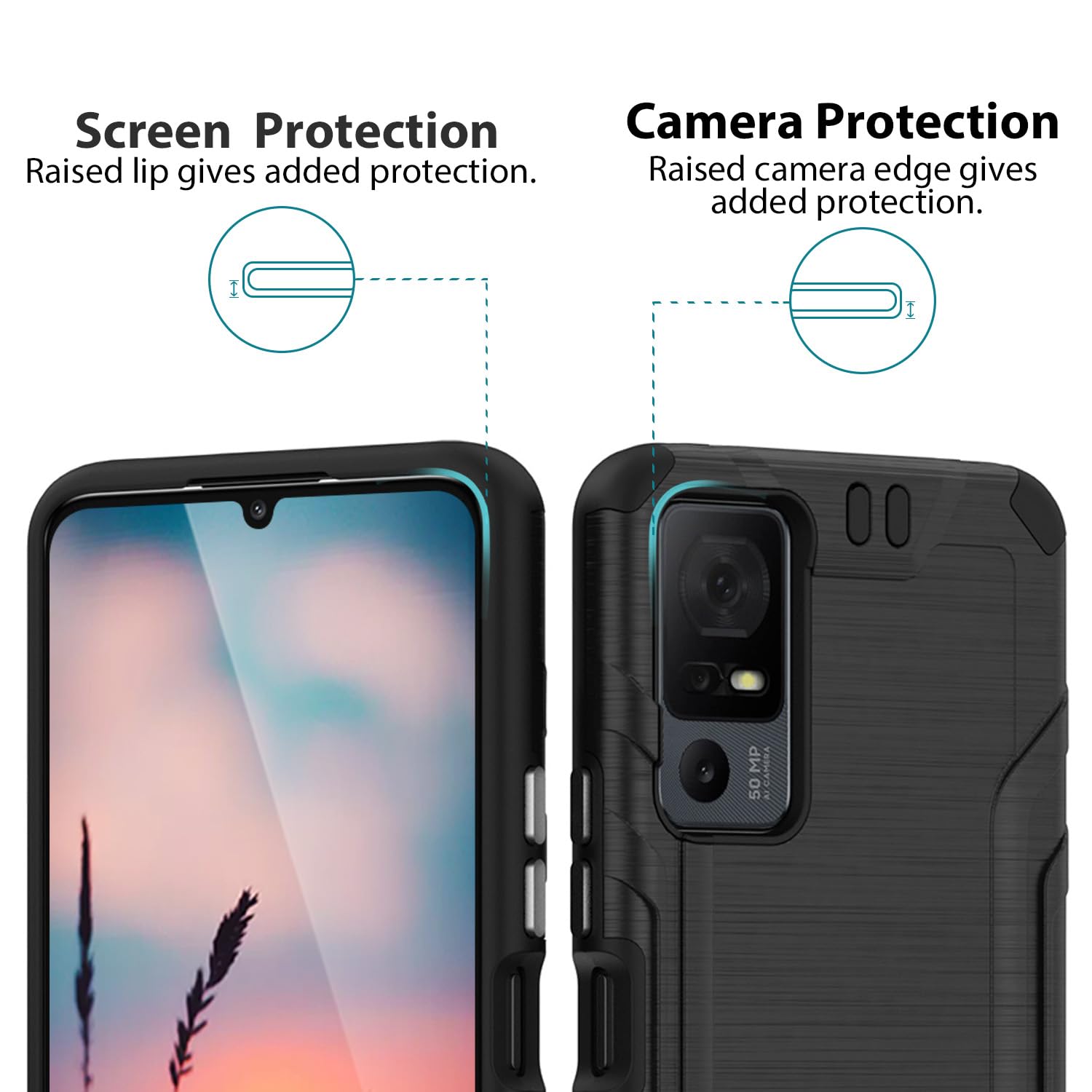 TJS Compatible for TCL 40 XL Case, TCL 40 T T608DL Case, Lively Jitterbug Smart4 Case, with Tempered Glass Screen Protector, Magnetic Support Hybrid Shockproof Metallic Brush Finish Phone Case (Black)