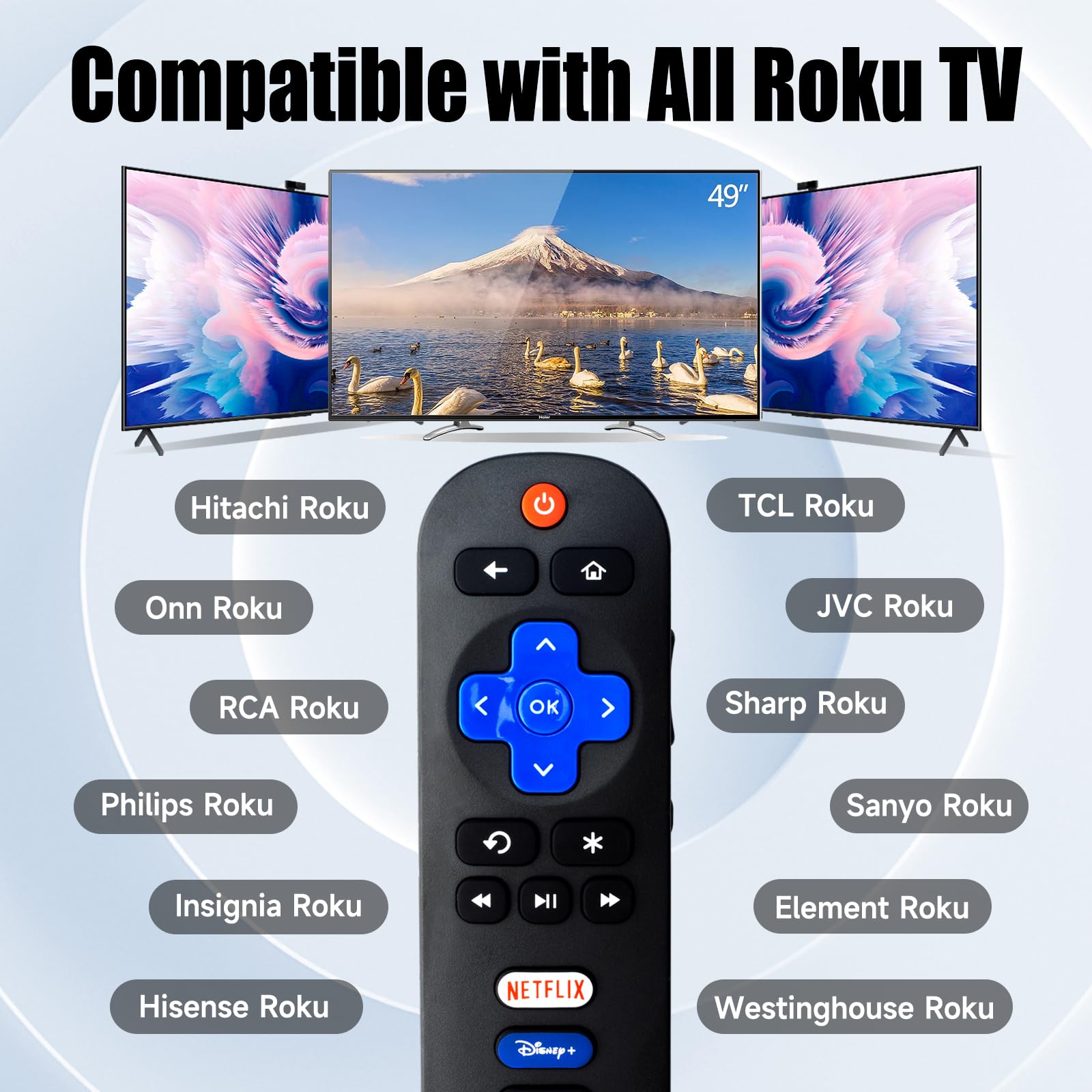 Replacement Remote Control Compatible with All TCL Roku Smart -TVs【Only Works with TCL Roku TV, Not for Roku Stick and Roku Box】 (Netflix/Di+/Apple TV+ / HBO Max)