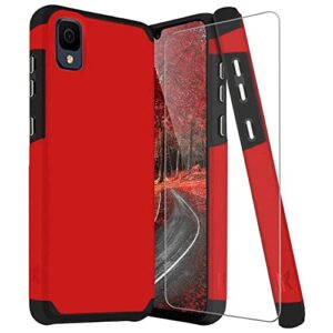 TJS for Alcatel TCL 30 Z T602DL Case, TCL 30 LE Case, with Tempered Glass Screen Protector, Dual Layer Hybrid Shockproof Drop Protection Impact Phone Case Cover for TCL 30Z / TCL 30LE (Red)