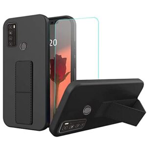 case for tcl 30xl 30 xl t701dl phone case,stand case with tempered glass screen protector hide telescopic folding kickstand shockproof protective cover silicone tpu case for tcl 30 xl 30xl - black