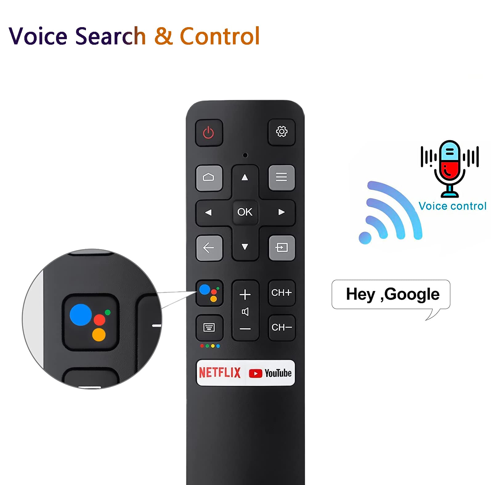 Voice Remote Control for TCL Android TV, New Upgraded Replacement RC802V for TCL TVs, 40S330 32S330 40S334 32S334 70S430 32A325 32A323 65Q637 55S430 43S430 55Q637 43S434 75S434 32P30S