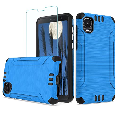 TJS Compatible with Alcatel TCL A3 A509DL Case/TCL A30 Case, with Tempered Glass Screen Protector, Magnetic Support Hybrid Shockproof Metallic Brush Finish Protector Phone Case Cover (Blue)