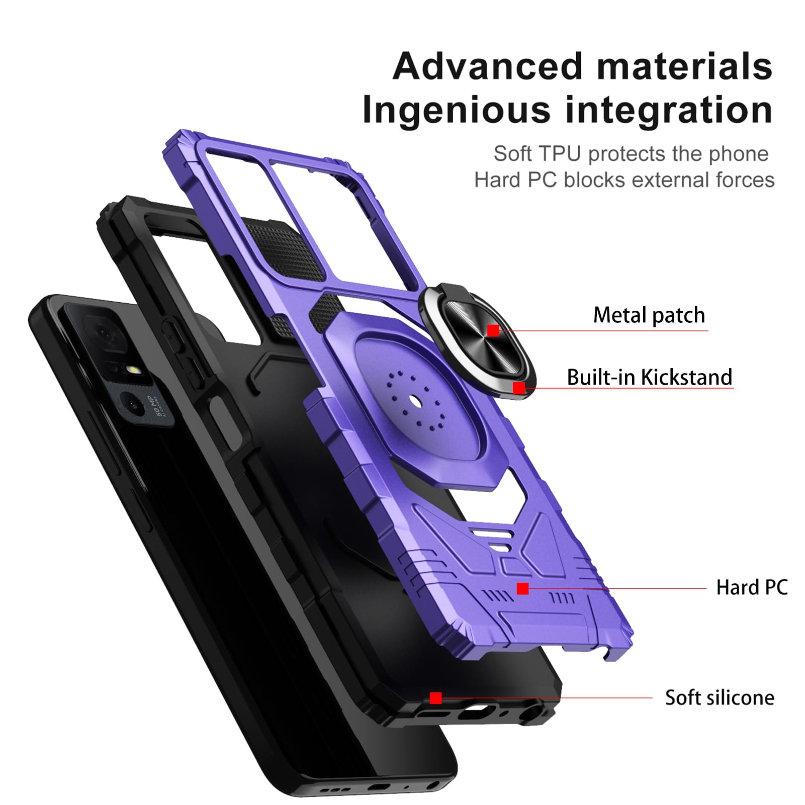 Ailiber for TCL 40 XL/TCL 40 T(T608DL)/Lively Jitterbug Smart 4 Case with Screen Protector, Ring Kickstand for Magnetic Car Mount, Military Grade Shockproof Protective Phone Cover for TCL 40T-Purple