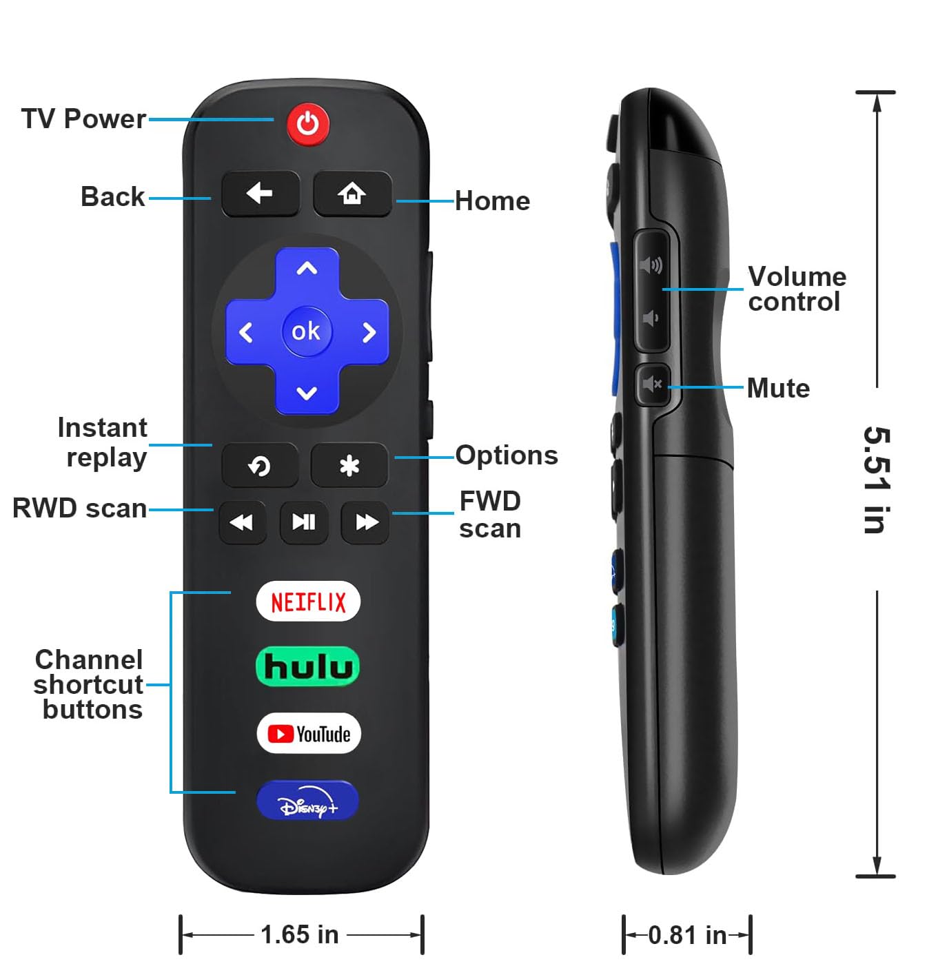 Replacement Remote for Roku TCL TV with Luminous Silicone Case, Compatible for TCL Roku, Hisense, Onn, Sharp, Element, Westinghouse, Philips Roku Series Smart TVs (Not for Roku Stick and Box)