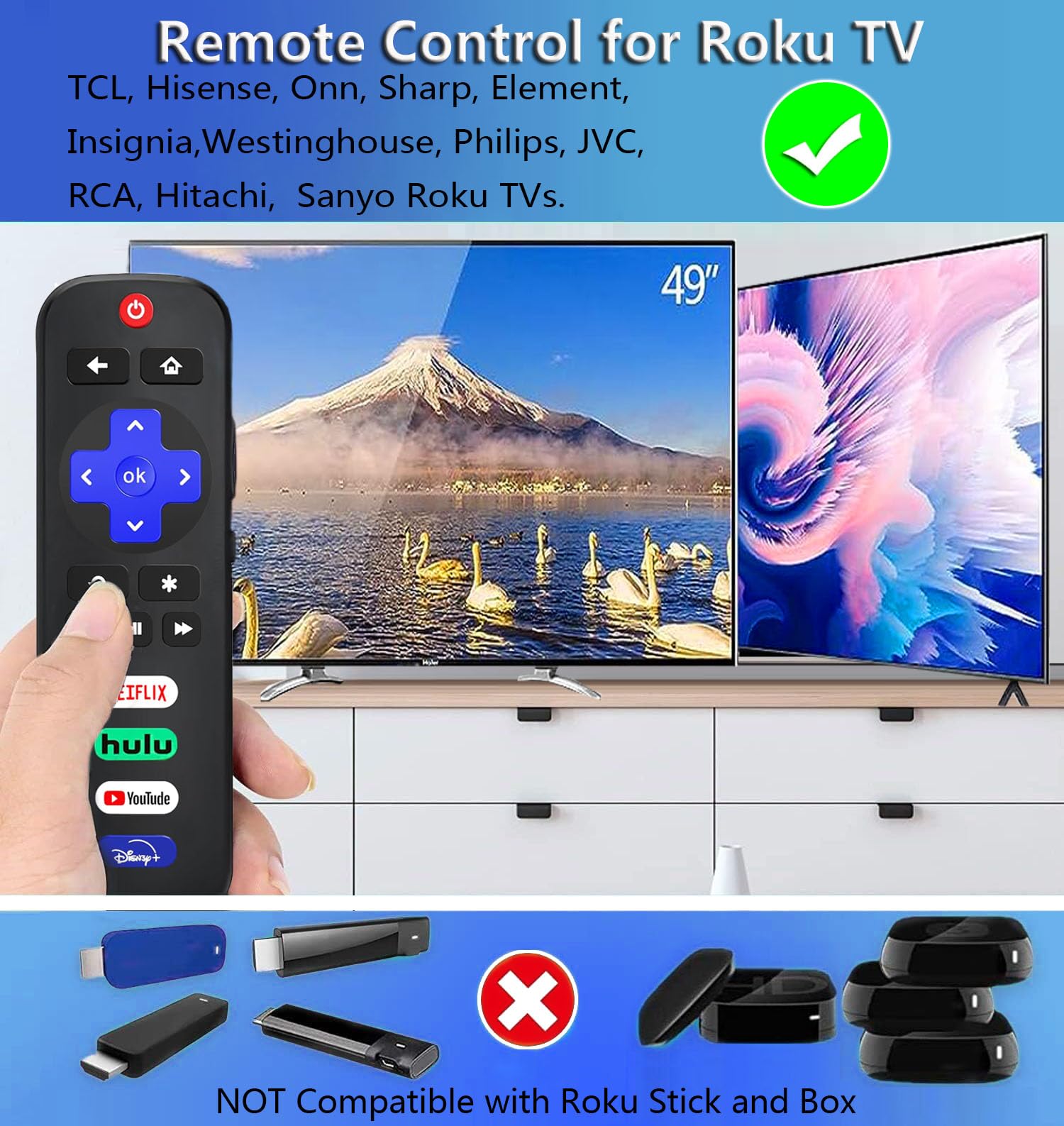 Replacement Remote for Roku TCL TV with Luminous Silicone Case, Compatible for TCL Roku, Hisense, Onn, Sharp, Element, Westinghouse, Philips Roku Series Smart TVs (Not for Roku Stick and Box)