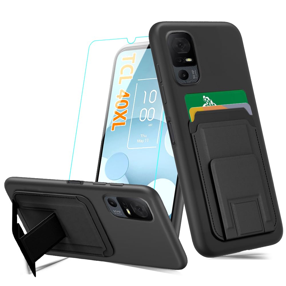 Case for Lively Jitterbug Smart4 / Lively Smart 4 /TCL 40XL / TCL 40T Case with Tempered Glass Screen Protector Folding Kickstand/Stand Card Holder/ Slots Wallet Shockproof Protective Case - Black