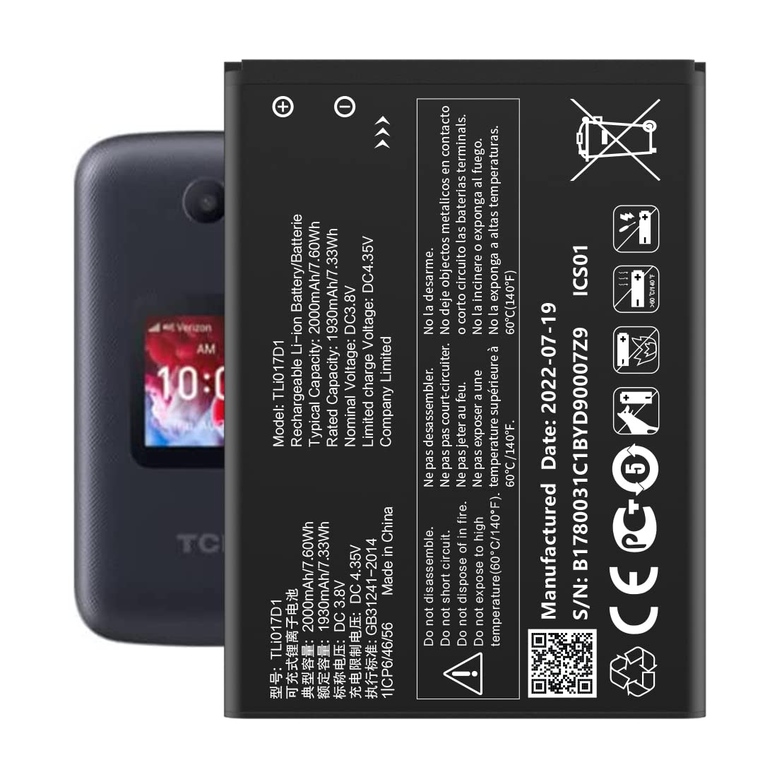 Soseieiu TLi017D1 Battery,(𝟮𝟬𝟮𝟰 𝗡𝗲𝘄 𝗨𝗽𝗴𝗿𝗮𝗱𝗲𝗱) Replacement Battery for TCL Flip Pro VZW-TCL-4056W/4056S Phone 2000mAh 3.85V/7.6Wh