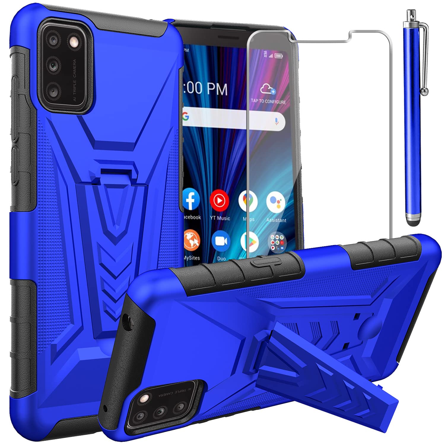 for Alcatel TCL A3X A600DL Case, with Tempered Glass Screen Protector Heavy Duty Protection Technology Built-in Kickstand Rugged Shockproof Protective Phone Case for Alcatel TCL A3X A600DL, (Blue)