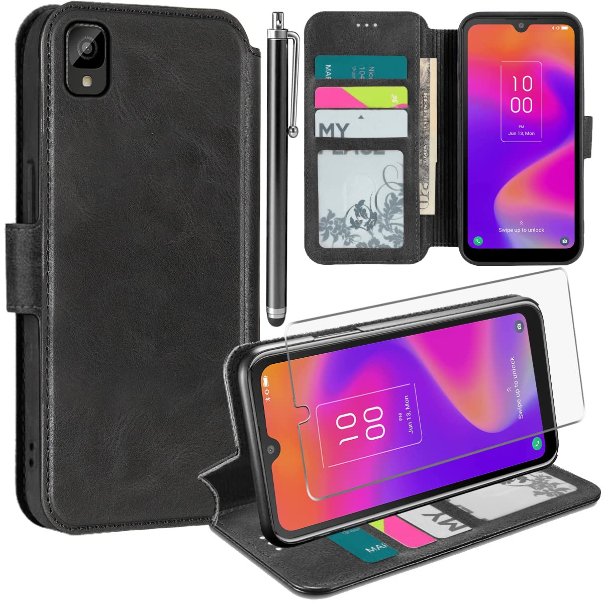 RTYJZ for TCL 30Z Case, for TCL 30Z Wallet Case with Tempered Glass Screen Protector with Card Holder Kickstand Magnetic,PU Leather Flip Case for Alcatel TCL 30Z 30LE 30 Z 4G LTE T602DL (Black)