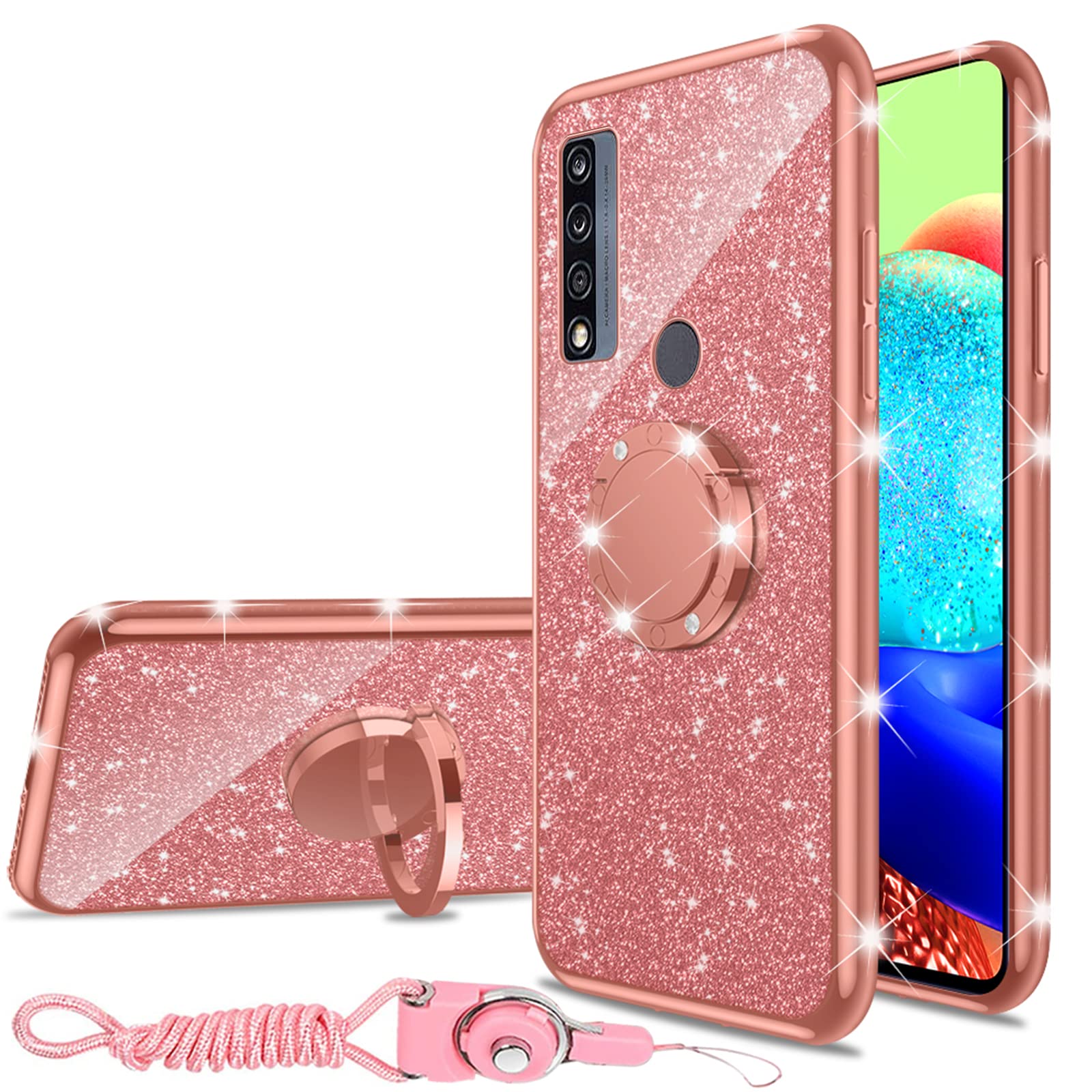 nancheng for TCL 4X 5G (T601DL) Case Cute Girls Women Glitter Rhinestone Silicone Slim Phone Case with Ring Stand & Strap Lanyard Shockproof Protection Cover for Alcatel TCL 20 A - Rose Gold