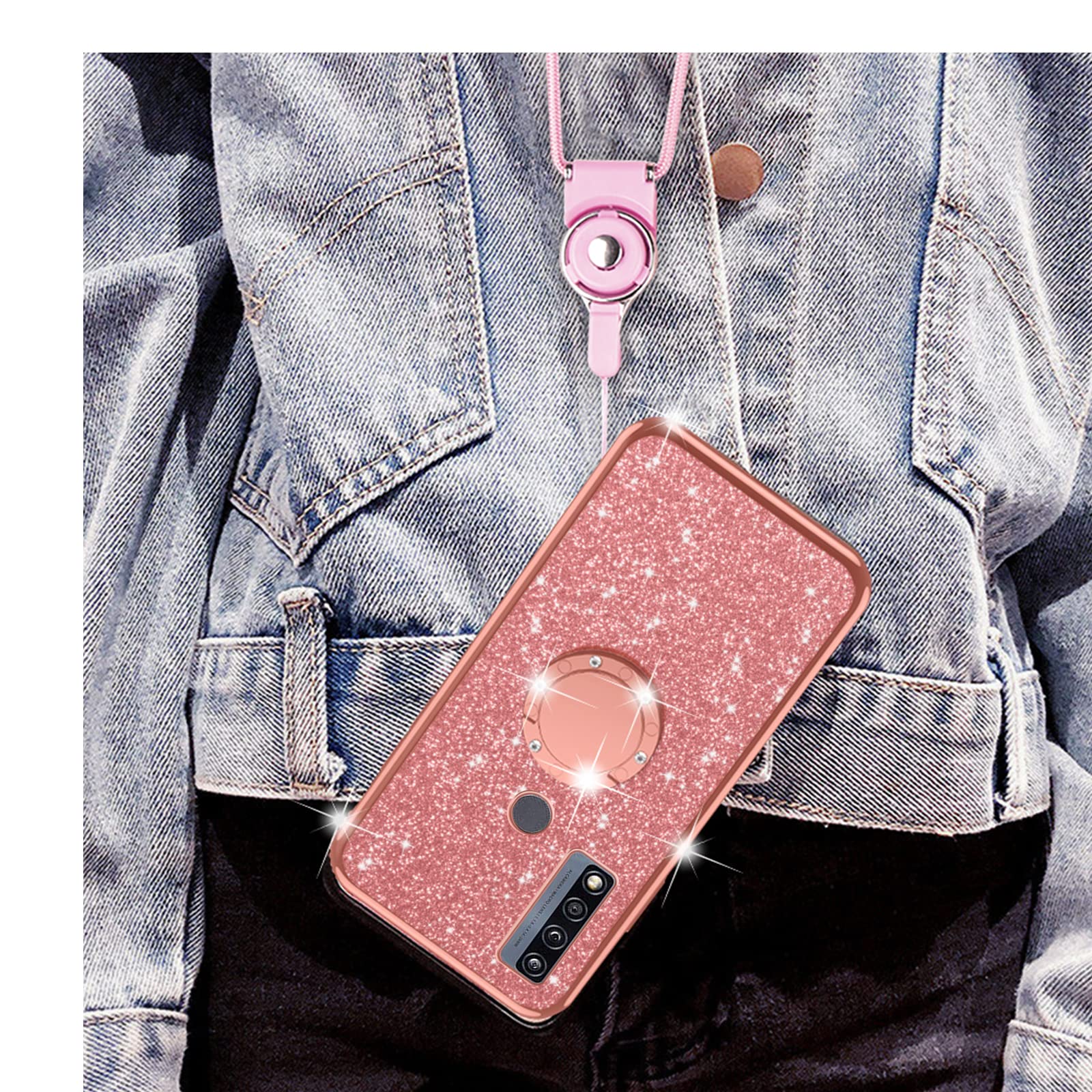 nancheng for TCL 4X 5G (T601DL) Case Cute Girls Women Glitter Rhinestone Silicone Slim Phone Case with Ring Stand & Strap Lanyard Shockproof Protection Cover for Alcatel TCL 20 A - Rose Gold