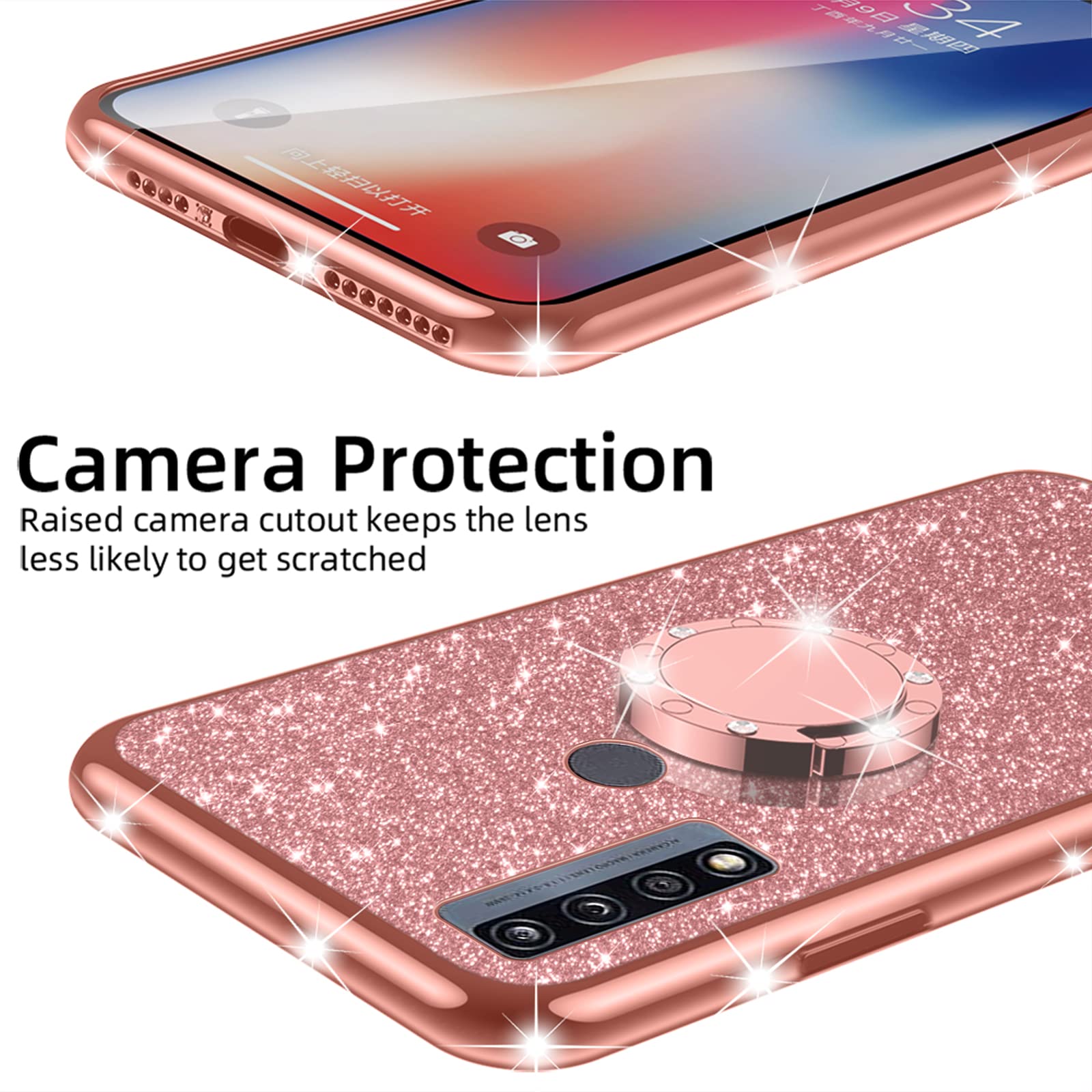 nancheng for TCL 4X 5G (T601DL) Case Cute Girls Women Glitter Rhinestone Silicone Slim Phone Case with Ring Stand & Strap Lanyard Shockproof Protection Cover for Alcatel TCL 20 A - Rose Gold