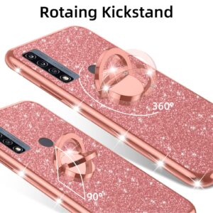 nancheng for TCL 4X 5G (T601DL) Case Cute Girls Women Glitter Rhinestone Silicone Slim Phone Case with Ring Stand & Strap Lanyard Shockproof Protection Cover for Alcatel TCL 20 A - Rose Gold