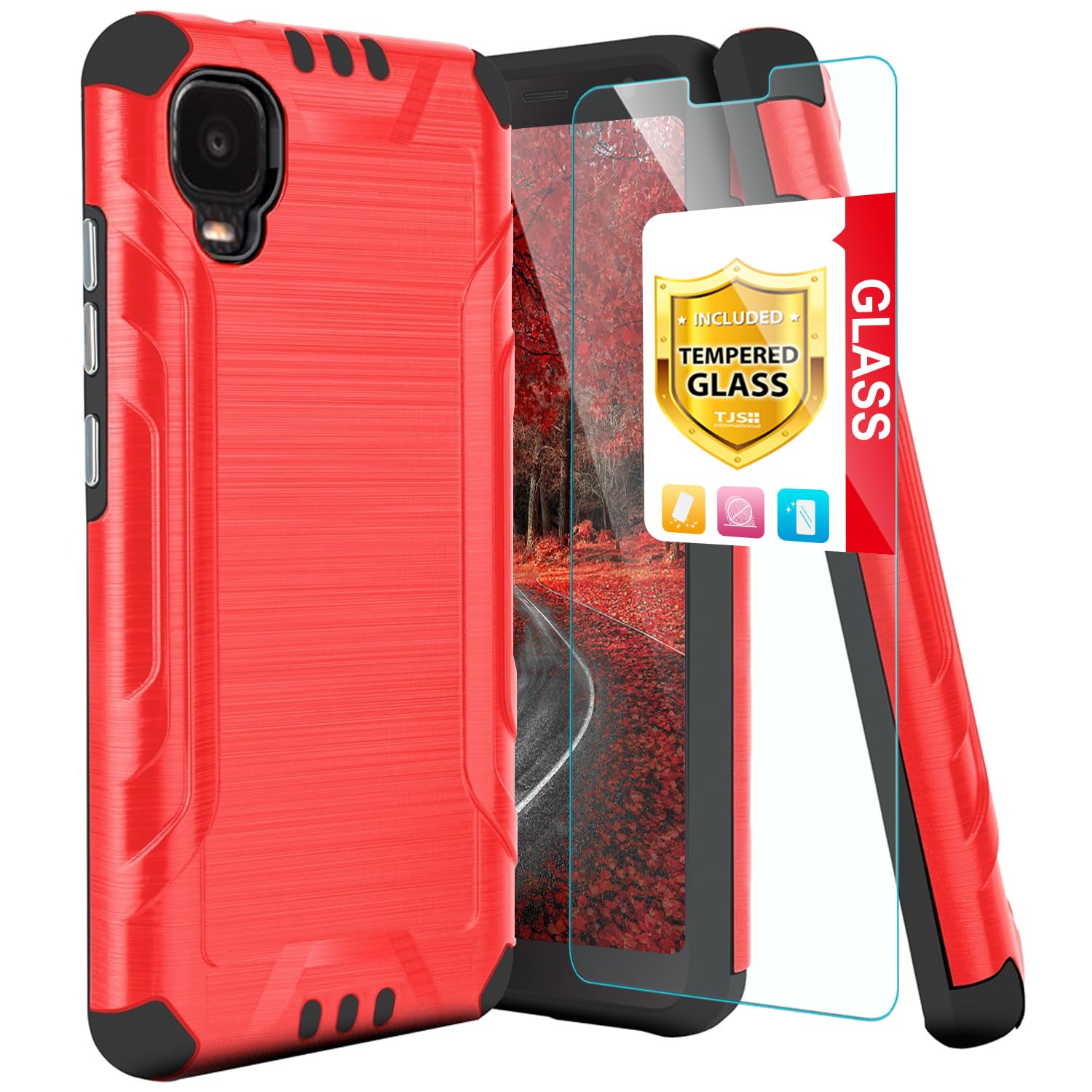 TJS Compatible with Alcatel TCL A3 A509DL Case/TCL A30 Case, with Tempered Glass Screen Protector, Magnetic Support Hybrid Shockproof Metallic Brush Finish Protector Phone Case Cover (Red)