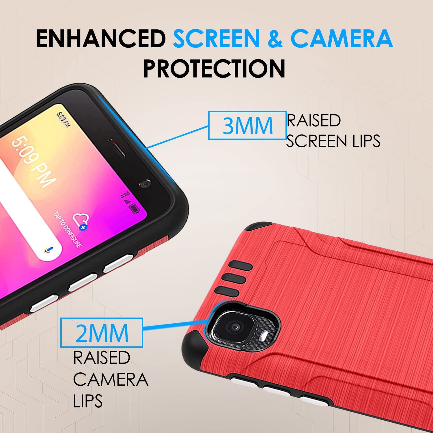 TJS Compatible with Alcatel TCL A3 A509DL Case/TCL A30 Case, with Tempered Glass Screen Protector, Magnetic Support Hybrid Shockproof Metallic Brush Finish Protector Phone Case Cover (Red)