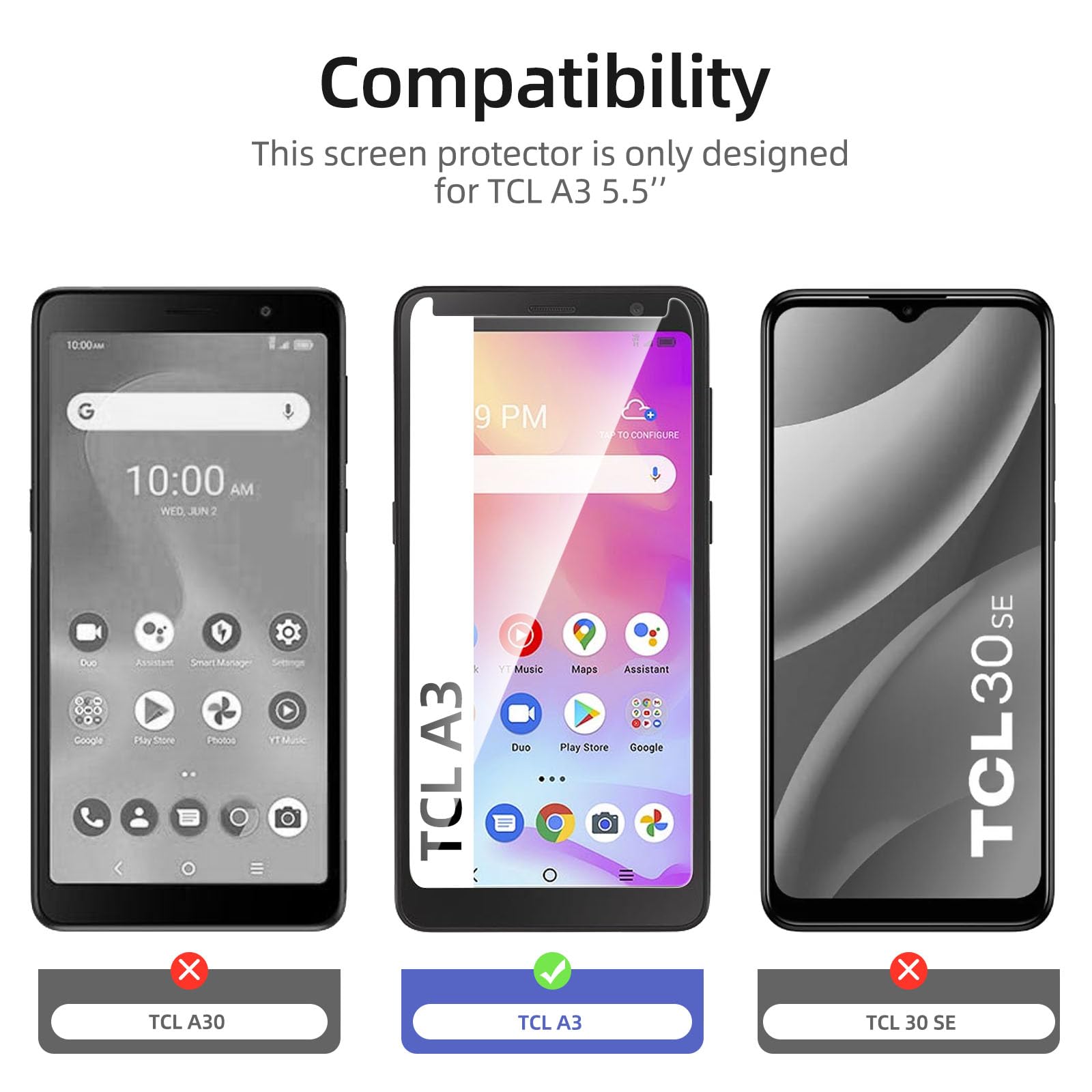 NEW'C [3 Pack] Designed for TCL A3 Screen Protector Tempered Glass, Bubble Free, Ultra Resistant