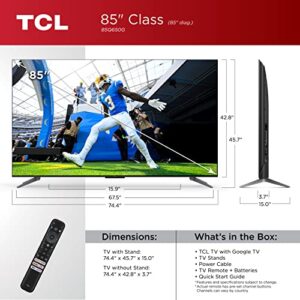 TCL 85-Inch Q6 QLED 4K Smart TV with Google TV, Streaming UHD, Dolby Vision, Dolby Atmos, HDR Pro+, Game Accelerator Enhanced Gaming, Voice Remote, Compatible with Alexa (85Q650G, 2023 Model)