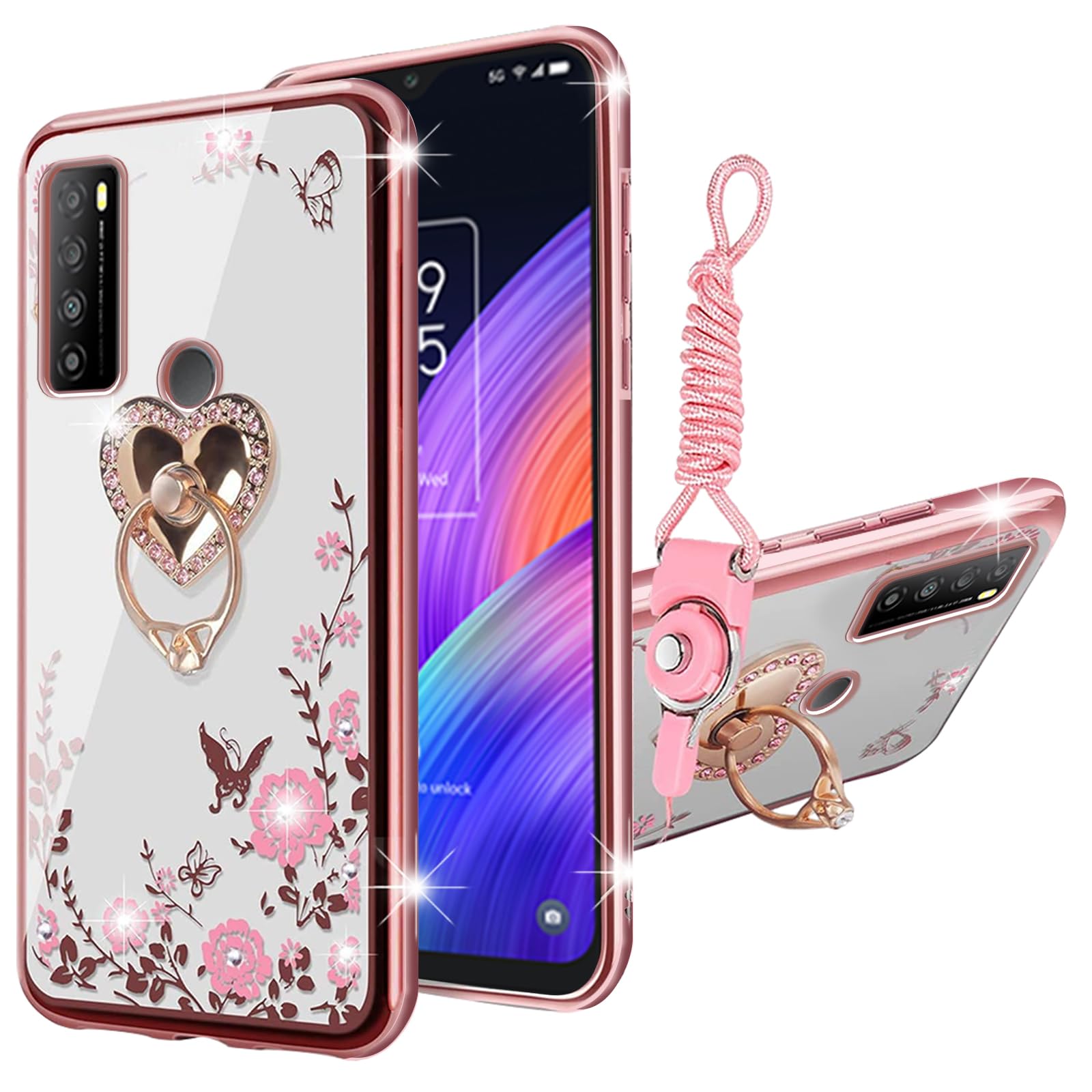 KuDiNi for TCL 30 XL Phone Case, 30XL T701DL Case for Women Glitter Crystal Soft Bling Butterfly Heart Floral Clear Protective Cover with Kickstand+Strap for TCL 30 XL 30XL (Rose Gold)