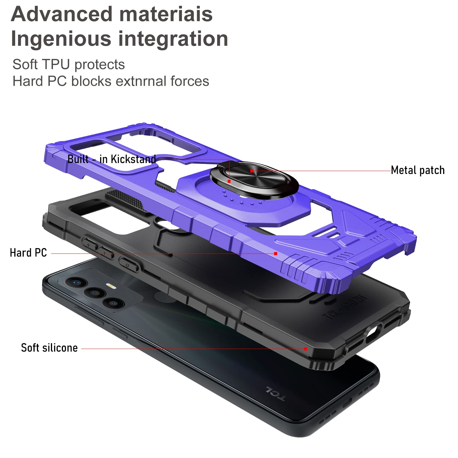 Ailiber for TCL 30 SE Phone Case, TCL 30 SE 2022 Case with Screen Protector, Ring Kickstand for Magnetic Car Mount Military Grade, Heavy Duty Shockproof Protective Cover for TCL 30 SE 6.52”-Purple