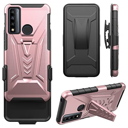 Galaxy Wireless Case for Alcatel TCL 20 A 5G / TCL 4X 5G (T601DL) Case with Tempered Glass Screen Protector Hybrid Cover with Kickstand Phone Belt Clip Holster Case Cover - Rose Gold