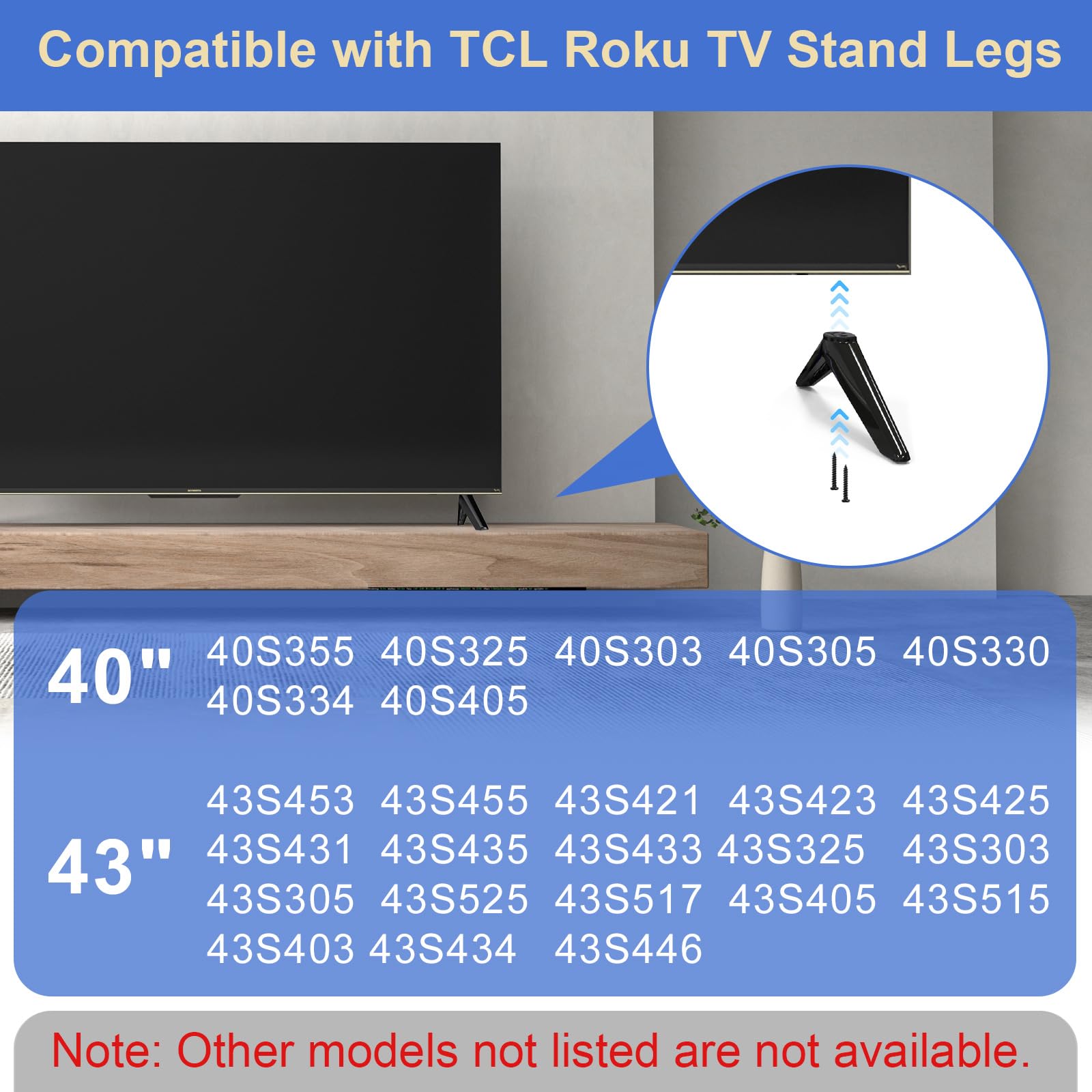 TV Legs for 40" 43" TCL Roku TV Stand Legs, Base Stand for TCL TV Stand 40S355 40S325 40S303 40S305 43S455 43S425 43S423 43S515 43S325 43S305 43S431 with Screws Set & Instructions, Easy to Install