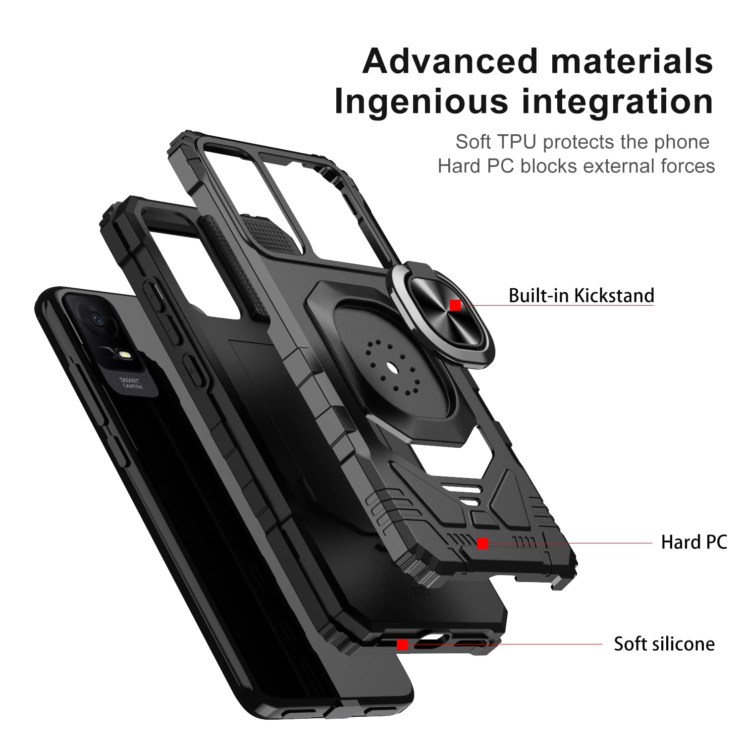 Compatible for TCL ION X Case/TCL ION V Case with Tempered Glass Screen Protector [Military Grade] Ring Car Mount Kickstand Shockproof Hard Phone Case - Black