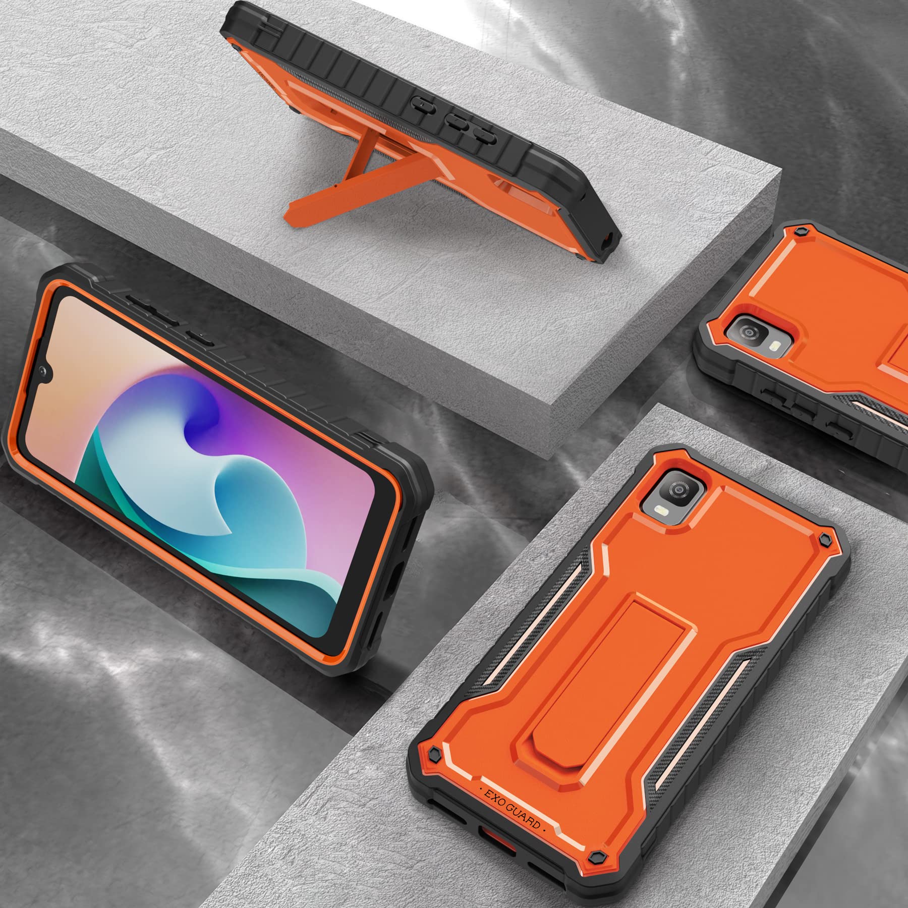 ExoGuard for TCL 30Z Case, TCL 30 LE Case, Rubber Shockproof Full-Body Cover Case Come with a Tempered Glass Screen Protector and Kickstand (Orange)